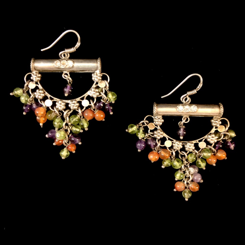 Vintage Bali Earrings! Peridot Amethyst Carnelian
